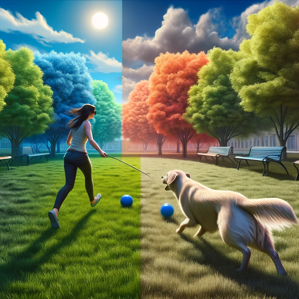Ein Hund spielt mit seinem Frauchen auf einer Wiese. In der Mitte ist das Bild geteilt, um die farbliche Wahrnehmung des Hundes vergleichbar darzustellen.