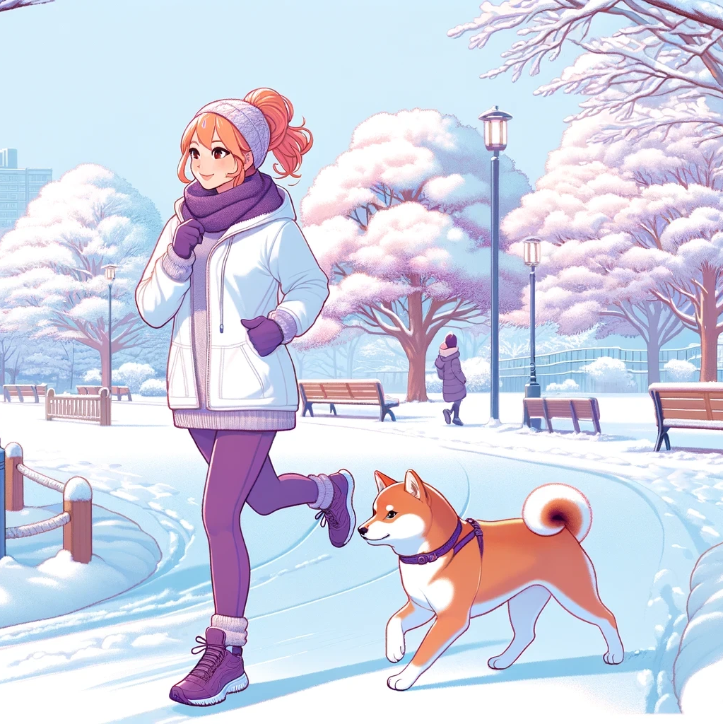 Eine Frau joggt im Winter mit ihrem Hund im Park