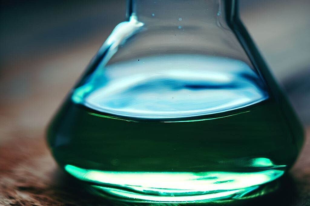 Eine grüne Flüssigkeit in einem Glas mit breitem Körper, auf einem Holzbrett