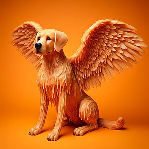 Ein Hund aus Wachs mit großen Flügeln