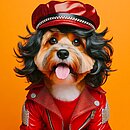 Ein Hund als Axel, einem Rockstar verkleidet, mit roter Ledermütze und Lederjacke