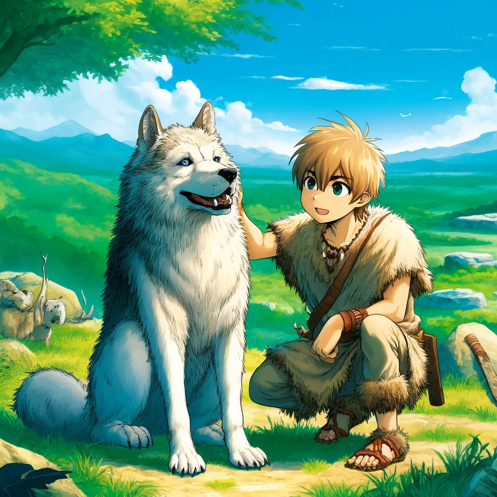 Ein Wolf und ein Höhlenmensch freunden sich an