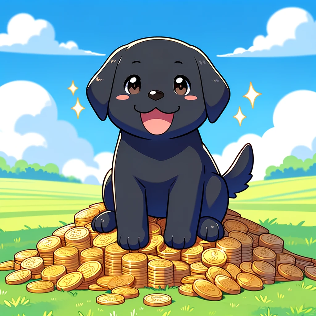 Ein Hund sitzt auf einem großen Haufen Münzen